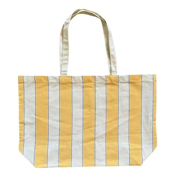 Sezane Bonjour Austin On The Road Striped Canvas Tote Bag in Yellow and Cream - Picture 2 of 7